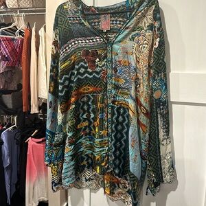 Johnny Was 100% Silk Tunic Top Scalloped Hem Jewel Tone